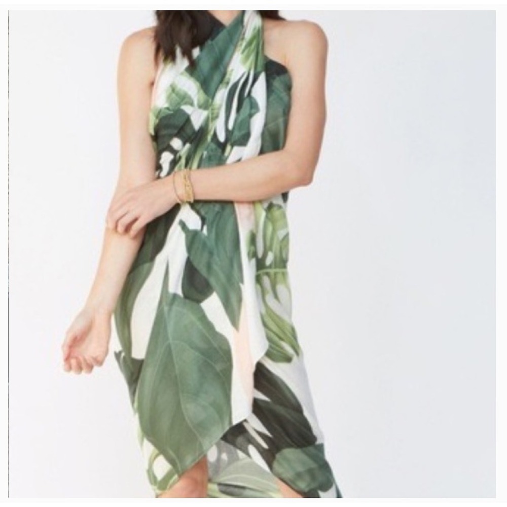 Virginia Wolf Monstera Leaf Kimono Wrap Green Pink Tropical Viscose Cover Up OS